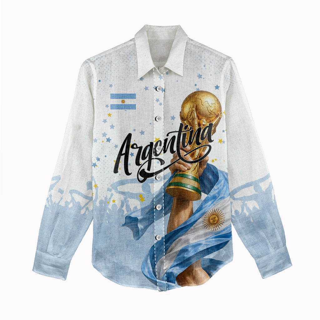 Personalized Argentina Football Women Casual Shirt Soccer Trophy Celebration Flag Graphic