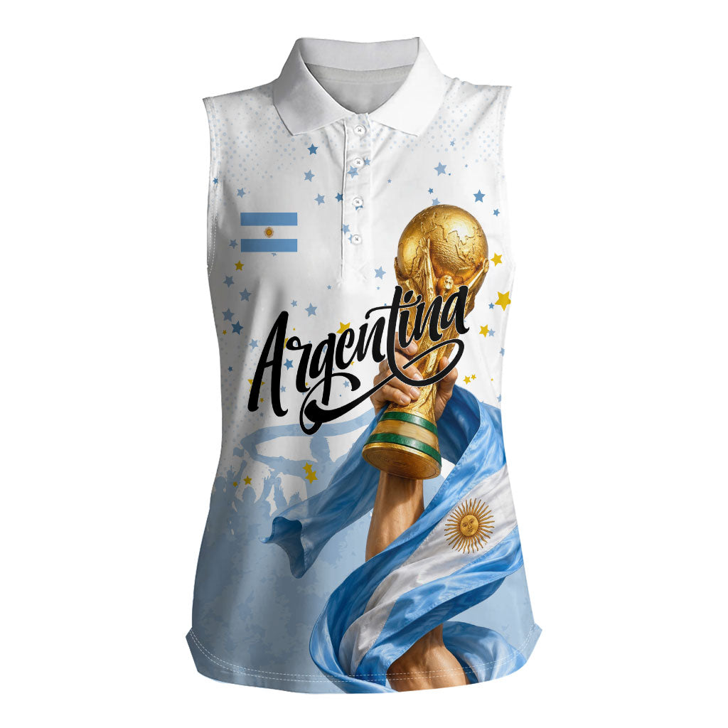 Personalized Argentina Football Women Sleeveless Polo Shirt Soccer Trophy Celebration Flag Graphic