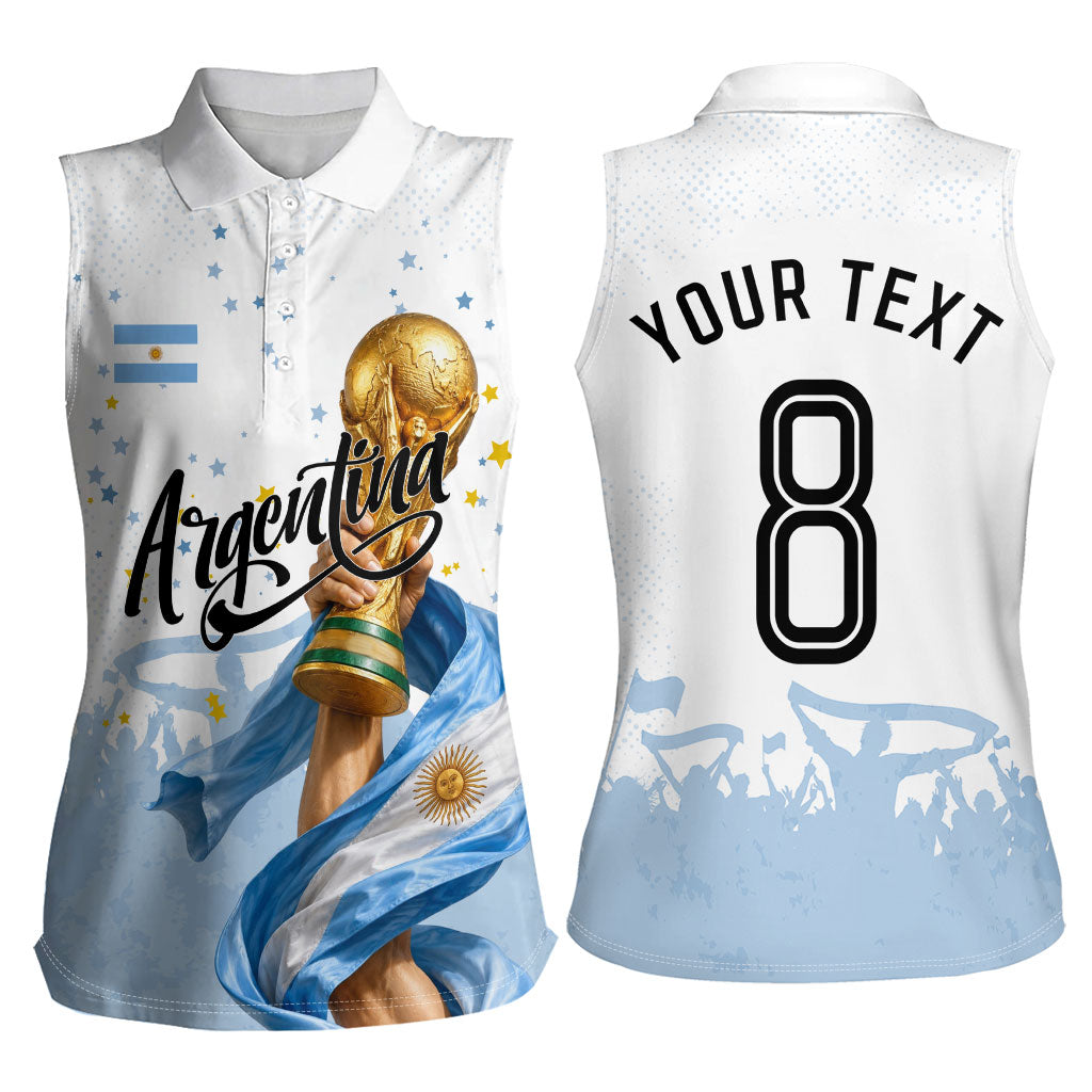 Personalized Argentina Football Women Sleeveless Polo Shirt Soccer Trophy Celebration Flag Graphic