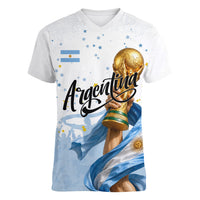 Personalized Argentina Football Women V-Neck T-Shirt Soccer Trophy Celebration Flag Graphic
