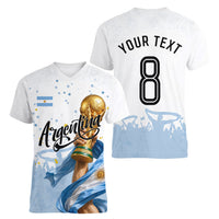 Personalized Argentina Football Women V-Neck T-Shirt Soccer Trophy Celebration Flag Graphic