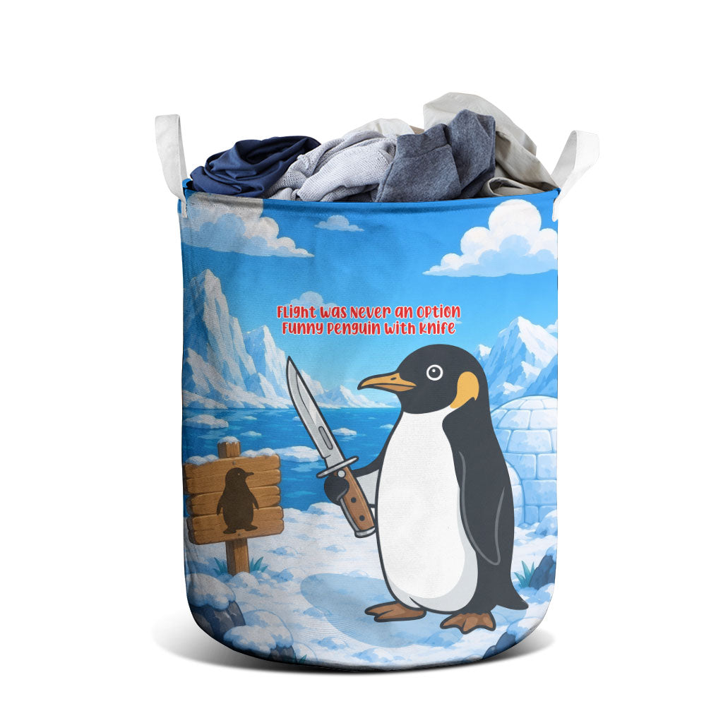 Flight Was Never An Option Funny Penguin With Knife Laundry Basket Animal Meme Humor Comic Graphic