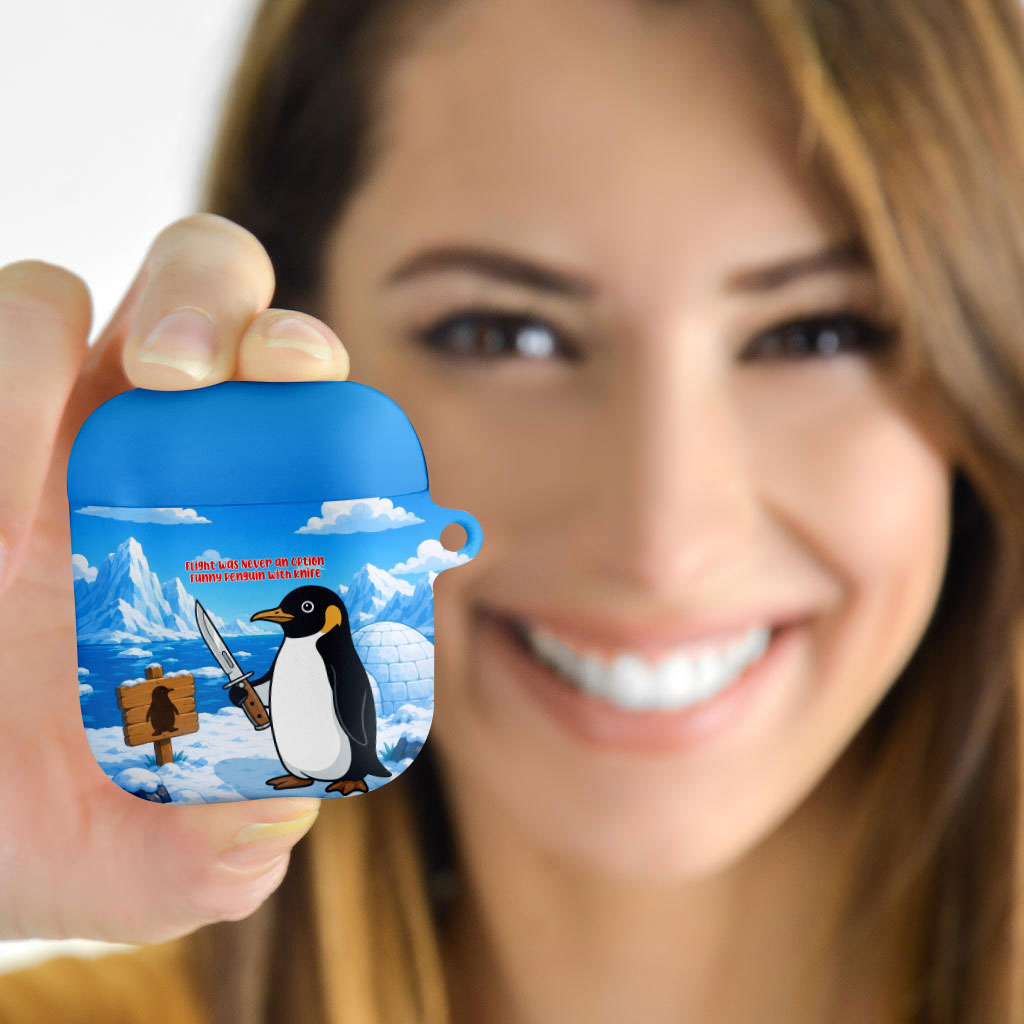 Flight Was Never An Option Funny Penguin With Knife AirPods Case Animal Meme Humor Comic Graphic