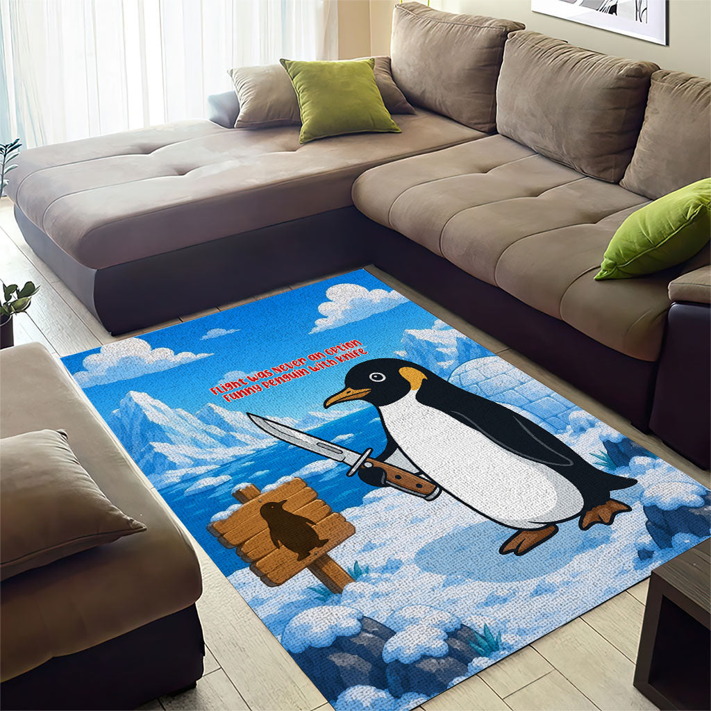 Flight Was Never An Option Funny Penguin With Knife Area Rug Animal Meme Humor Comic Graphic
