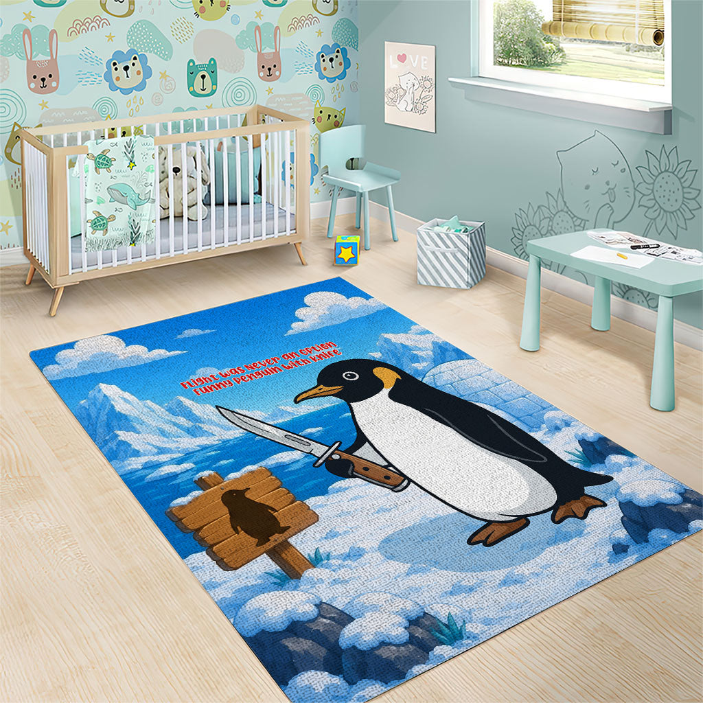 Flight Was Never An Option Funny Penguin With Knife Area Rug Animal Meme Humor Comic Graphic