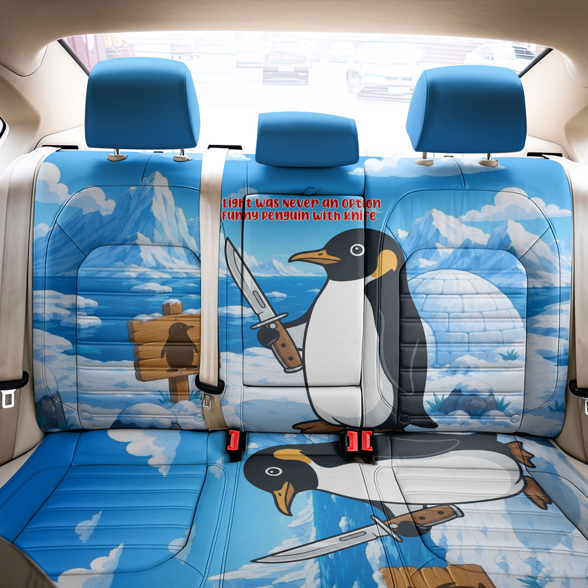 Flight Was Never An Option Funny Penguin With Knife Back Car Seat Cover Animal Meme Humor Comic Graphic