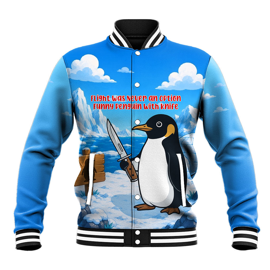 Flight Was Never An Option Funny Penguin With Knife Baseball Jacket Animal Meme Humor Comic Graphic