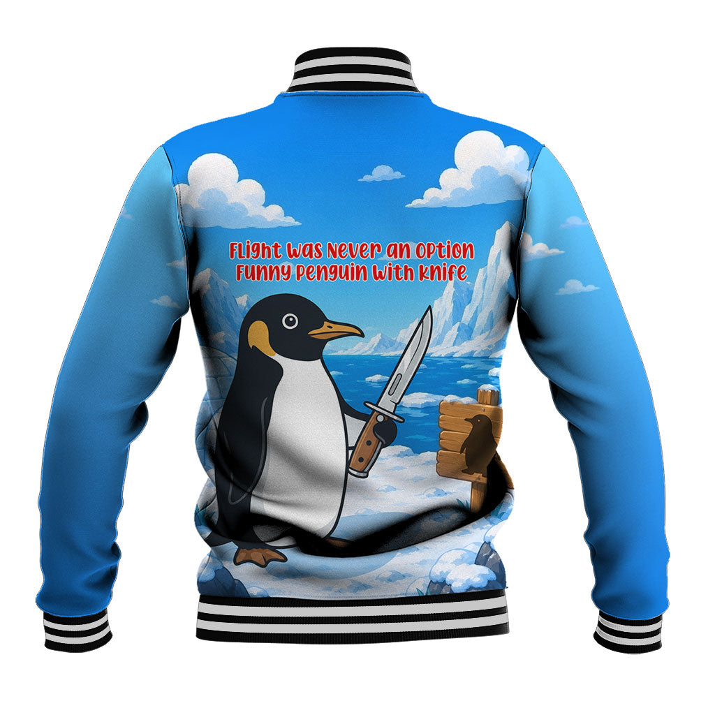 Flight Was Never An Option Funny Penguin With Knife Baseball Jacket Animal Meme Humor Comic Graphic