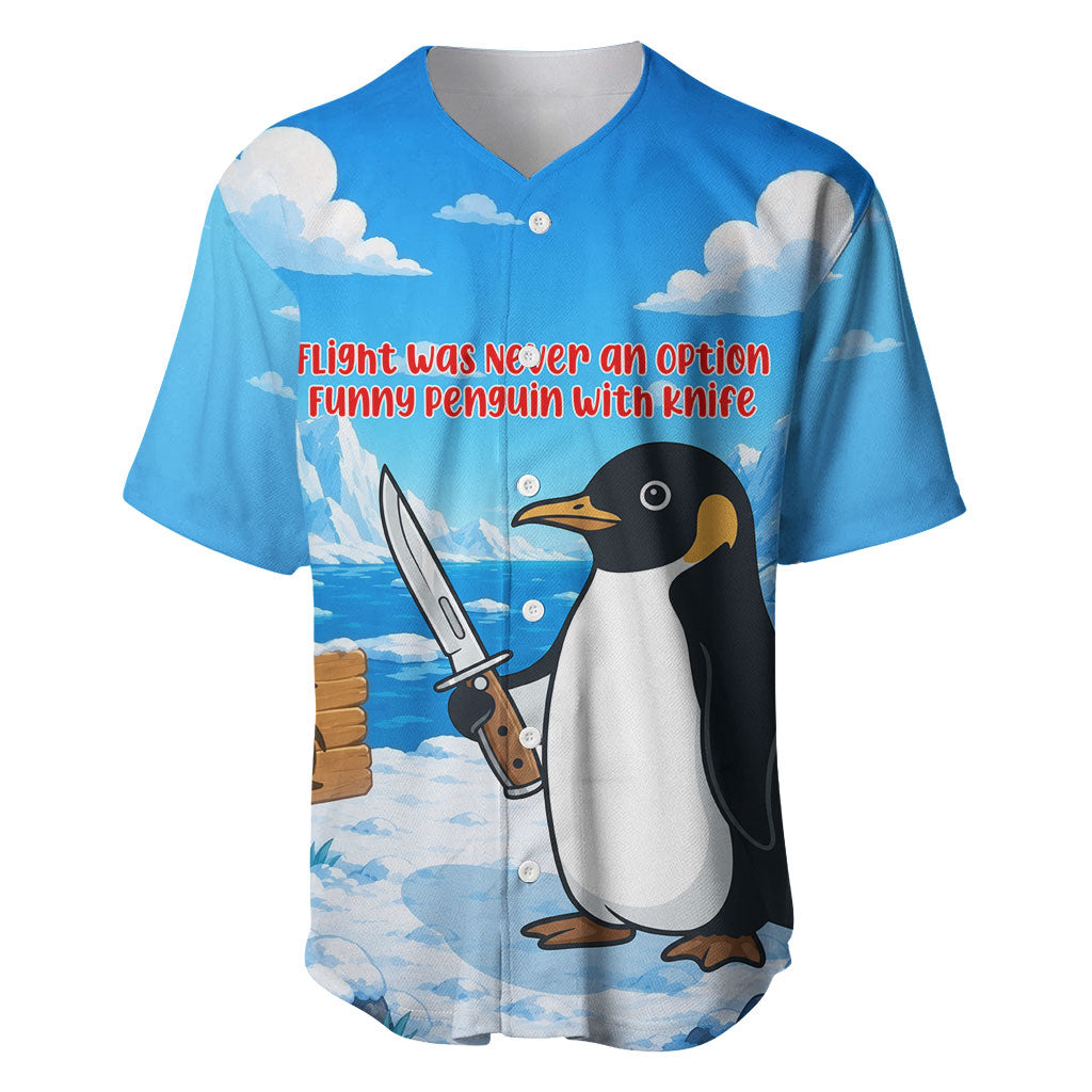 Flight Was Never An Option Funny Penguin With Knife Baseball Jersey Animal Meme Humor Comic Graphic