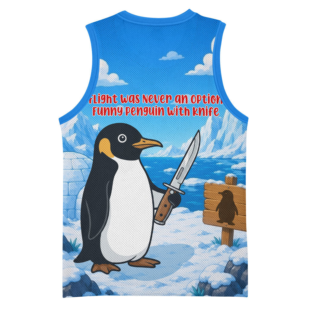 Flight Was Never An Option Funny Penguin With Knife Basketball Jersey Animal Meme Humor Comic Graphic