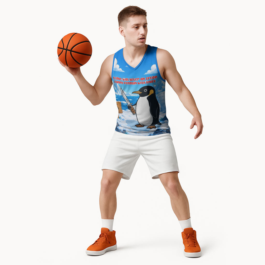 Flight Was Never An Option Funny Penguin With Knife Basketball Jersey Animal Meme Humor Comic Graphic