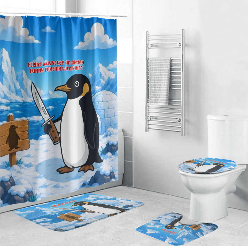Flight Was Never An Option Funny Penguin With Knife Bathroom Set Animal Meme Humor Comic Graphic