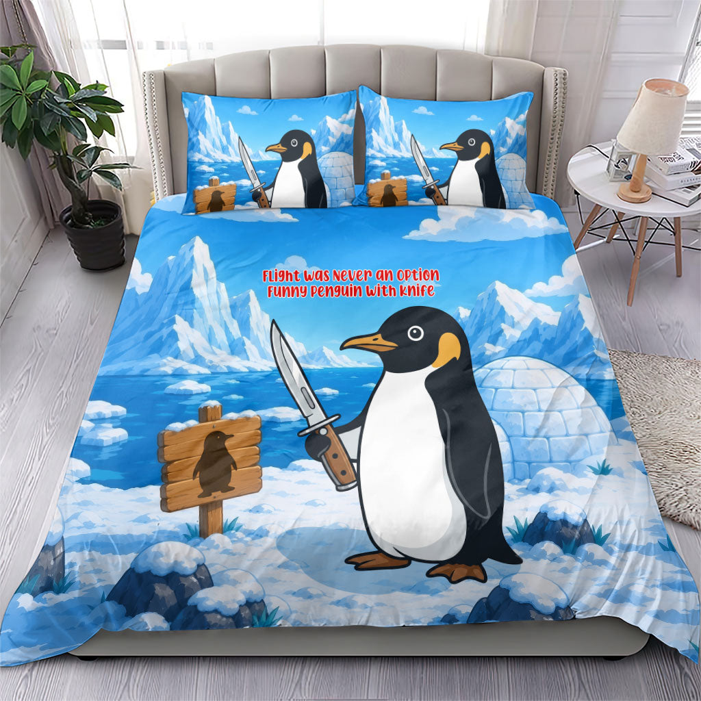 Flight Was Never An Option Funny Penguin With Knife Bedding Set Animal Meme Humor Comic Graphic