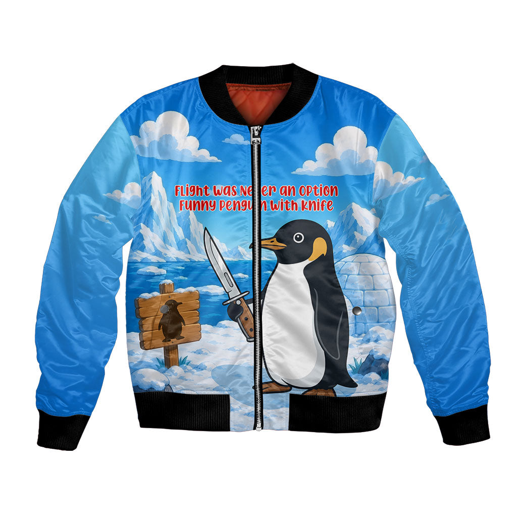 Flight Was Never An Option Funny Penguin With Knife Bomber Jacket Animal Meme Humor Comic Graphic