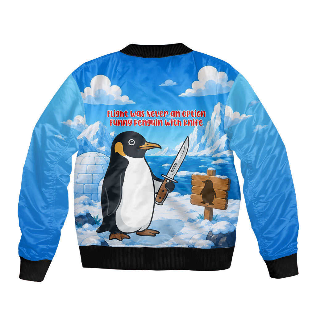 Flight Was Never An Option Funny Penguin With Knife Bomber Jacket Animal Meme Humor Comic Graphic