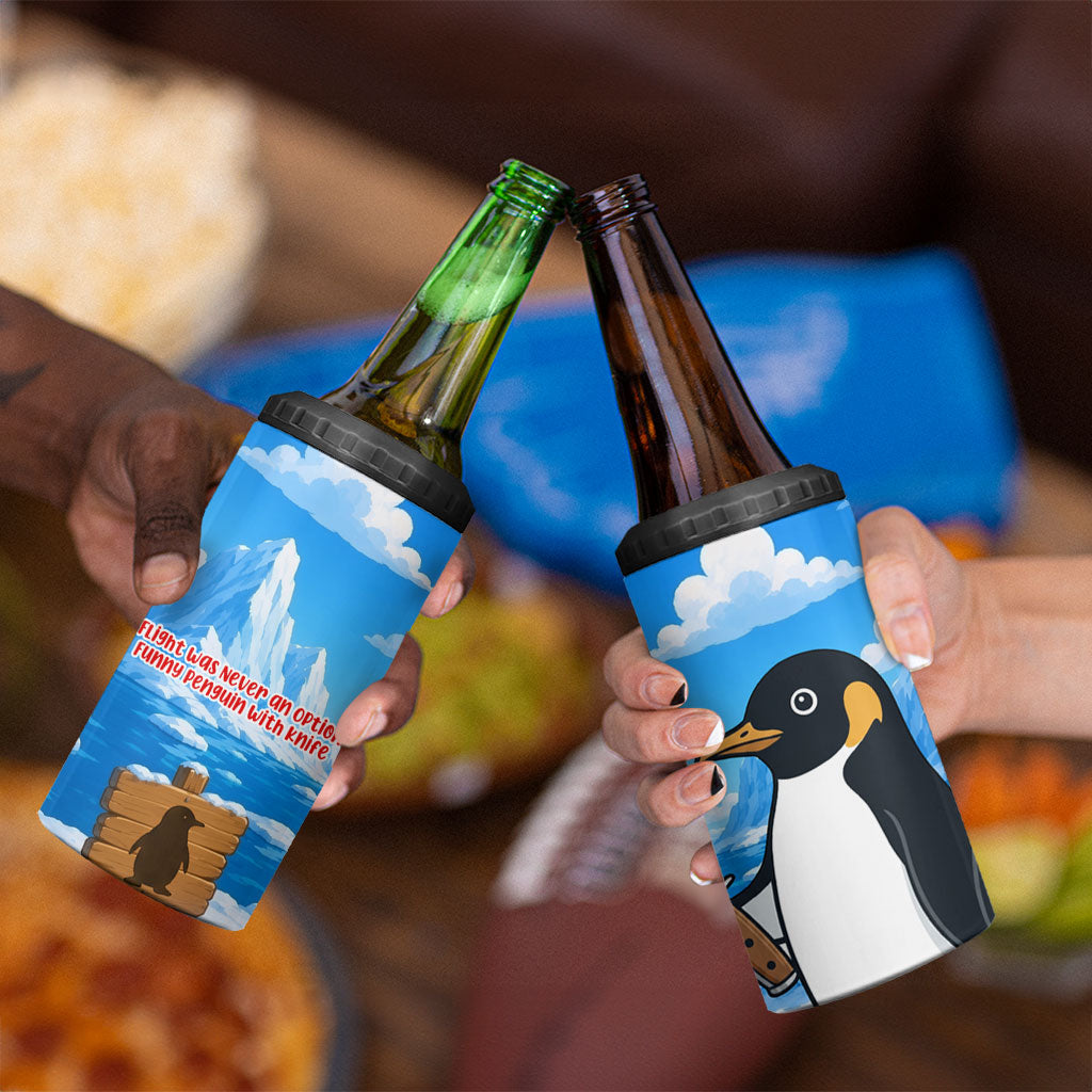 Flight Was Never An Option Funny Penguin With Knife 4 in 1 Can Cooler Tumbler Animal Meme Humor Comic Graphic