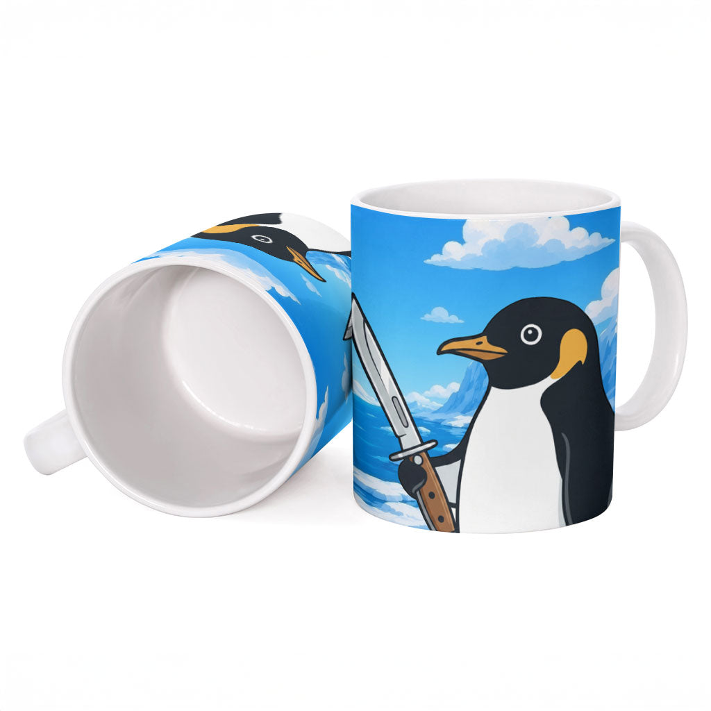 Flight Was Never An Option Funny Penguin With Knife Ceramic Mug Animal Meme Humor Comic Graphic