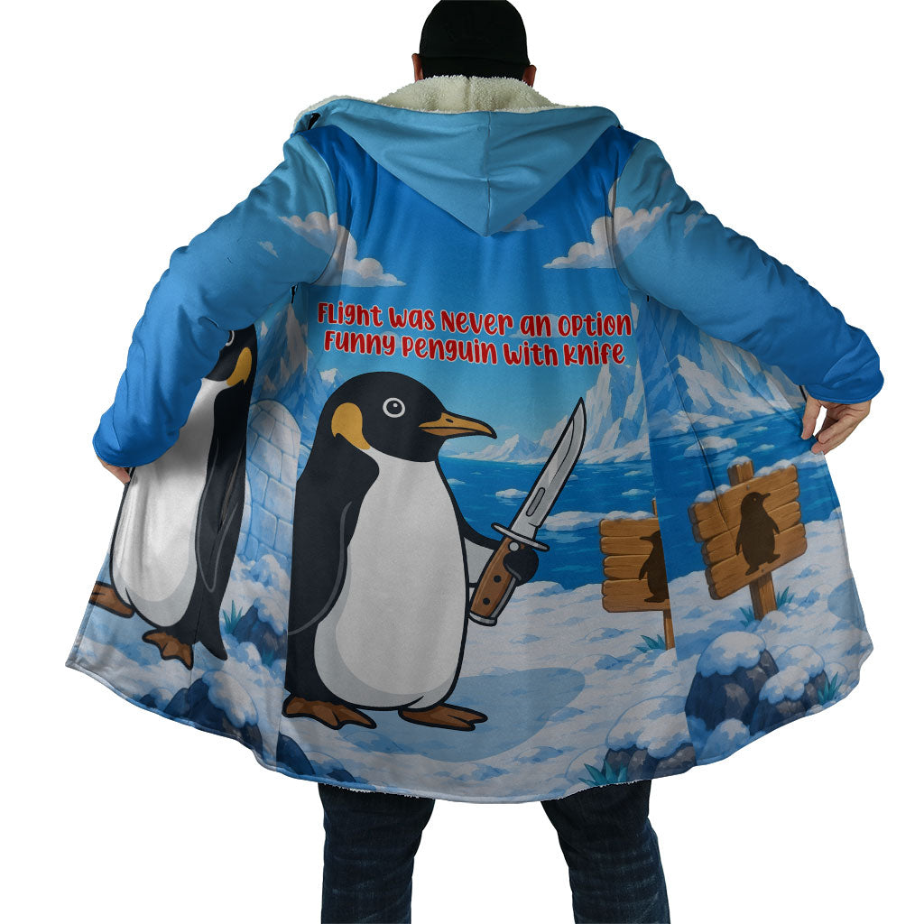 Flight Was Never An Option Funny Penguin With Knife Cloak Animal Meme Humor Comic Graphic