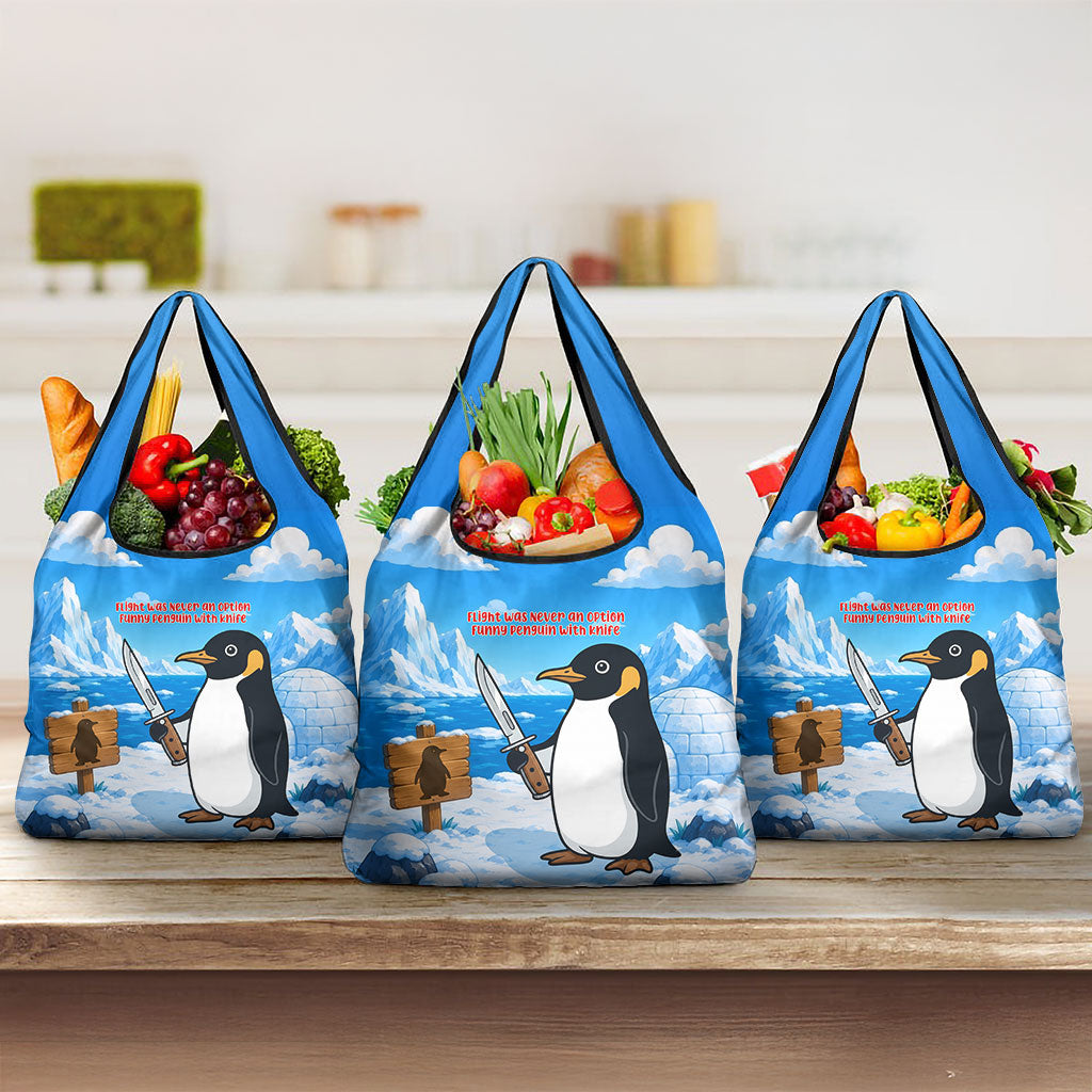 Flight Was Never An Option Funny Penguin With Knife Grocery Bag Animal Meme Humor Comic Graphic