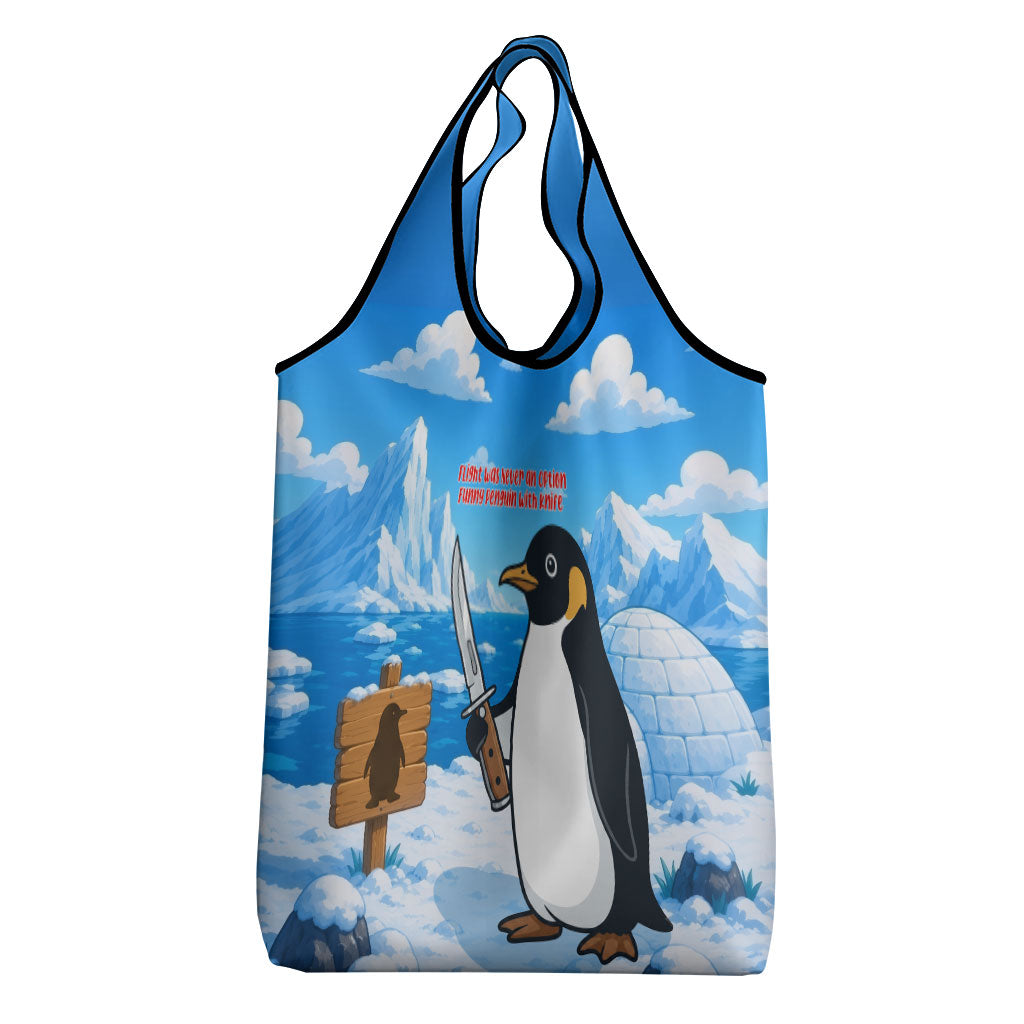 Flight Was Never An Option Funny Penguin With Knife Grocery Bag Animal Meme Humor Comic Graphic
