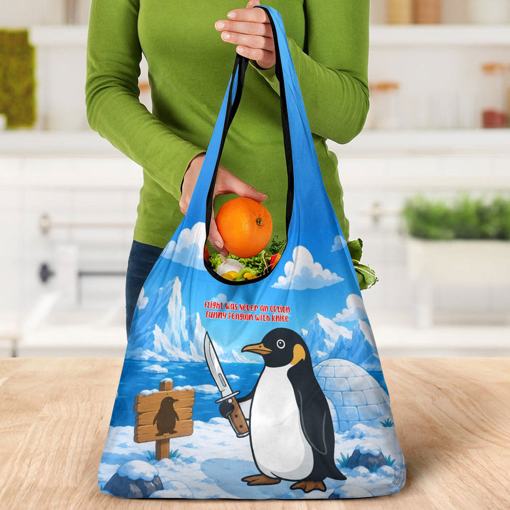 Flight Was Never An Option Funny Penguin With Knife Grocery Bag Animal Meme Humor Comic Graphic
