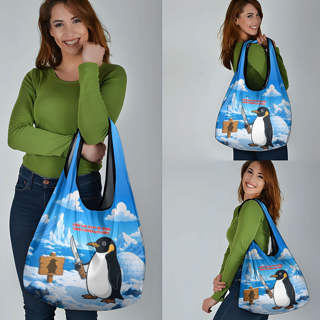 Flight Was Never An Option Funny Penguin With Knife Grocery Bag Animal Meme Humor Comic Graphic
