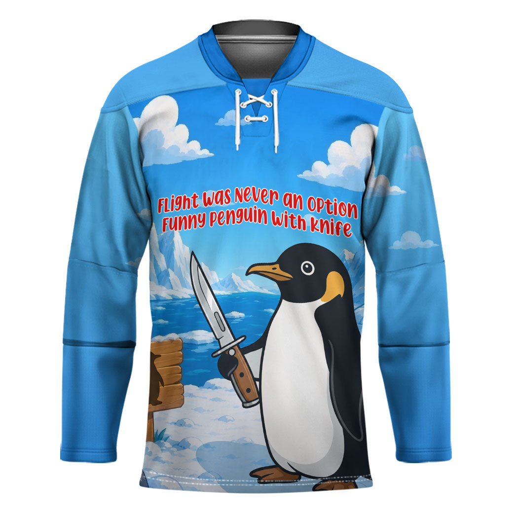 Flight Was Never An Option Funny Penguin With Knife Hockey Jersey Animal Meme Humor Comic Graphic