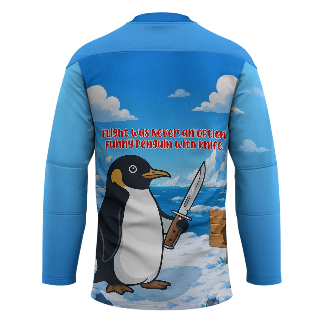 Flight Was Never An Option Funny Penguin With Knife Hockey Jersey Animal Meme Humor Comic Graphic
