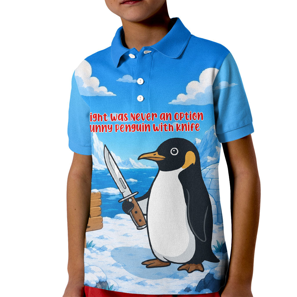 Flight Was Never An Option Funny Penguin With Knife Kid Polo Shirt Animal Meme Humor Comic Graphic