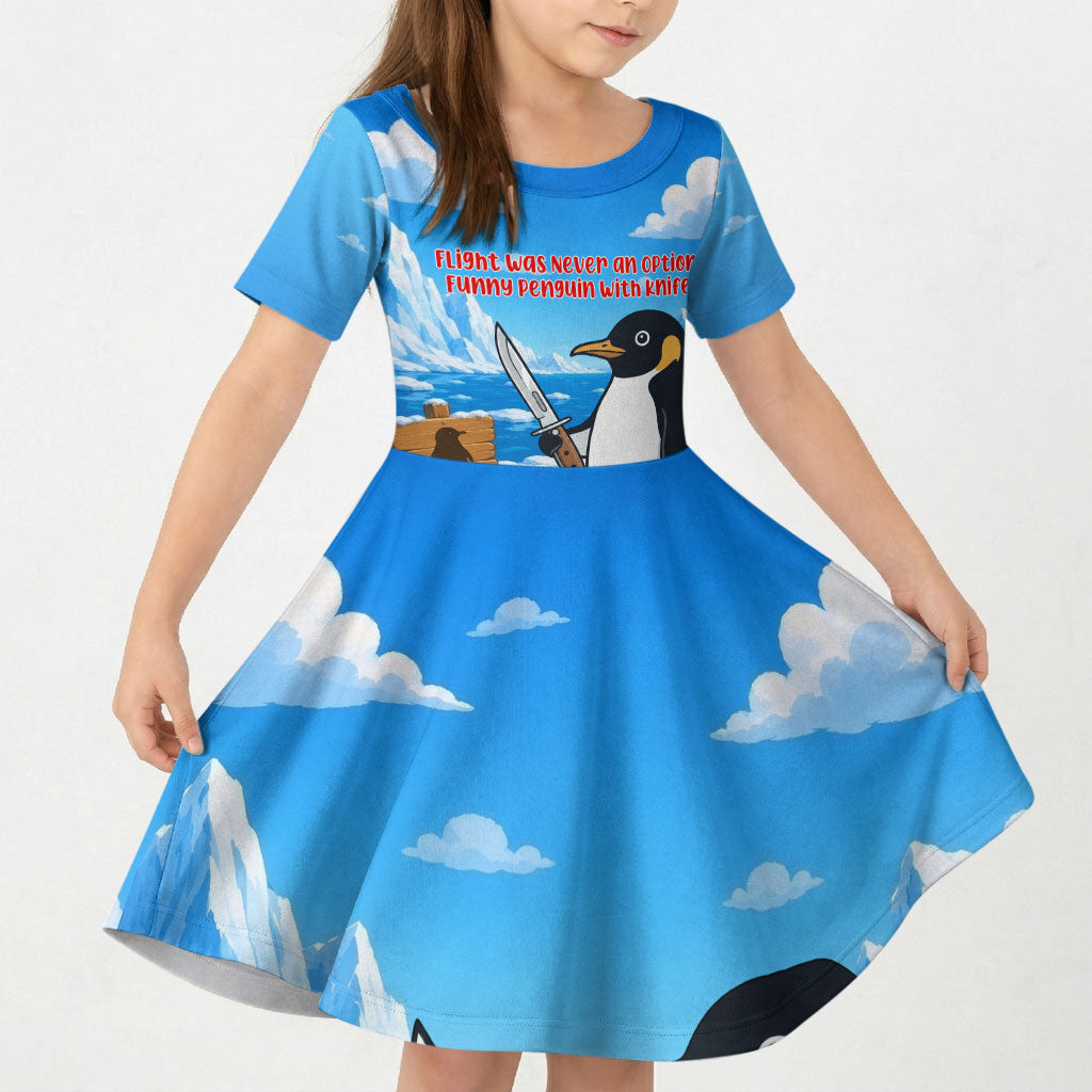 Flight Was Never An Option Funny Penguin With Knife Kid Short Sleeve Dress Animal Meme Humor Comic Graphic