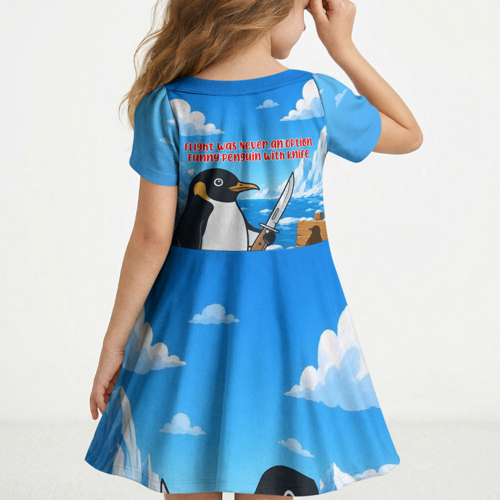 Flight Was Never An Option Funny Penguin With Knife Kid Short Sleeve Dress Animal Meme Humor Comic Graphic