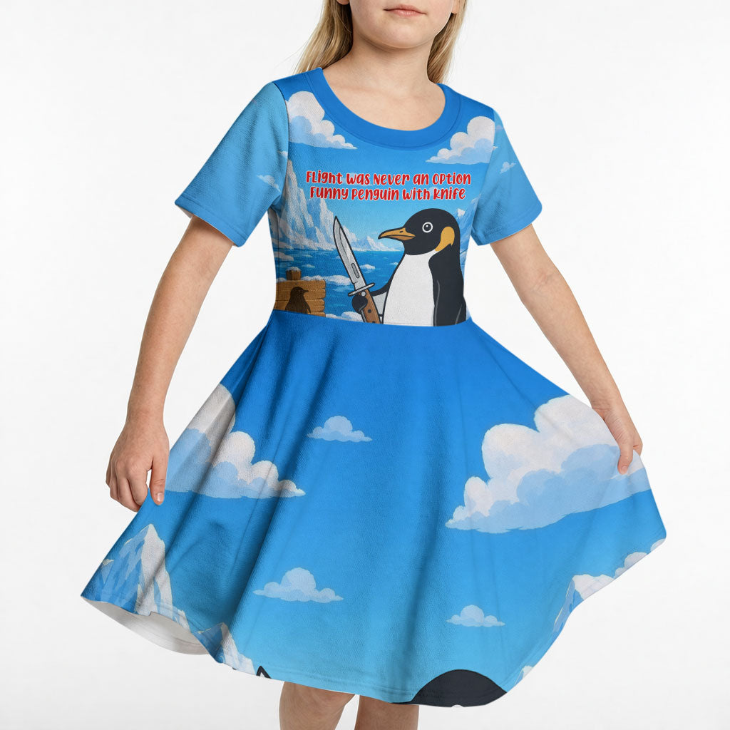 Flight Was Never An Option Funny Penguin With Knife Kid Short Sleeve Dress Animal Meme Humor Comic Graphic