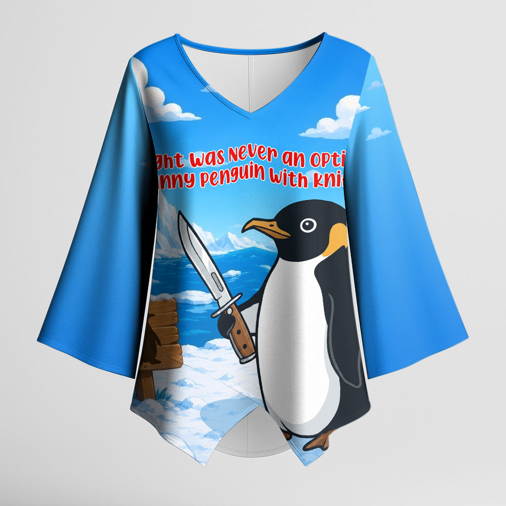 Flight Was Never An Option Funny Penguin With Knife Kimono Sleeve Blouse Animal Meme Humor Comic Graphic