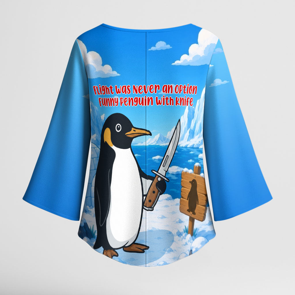 Flight Was Never An Option Funny Penguin With Knife Kimono Sleeve Blouse Animal Meme Humor Comic Graphic