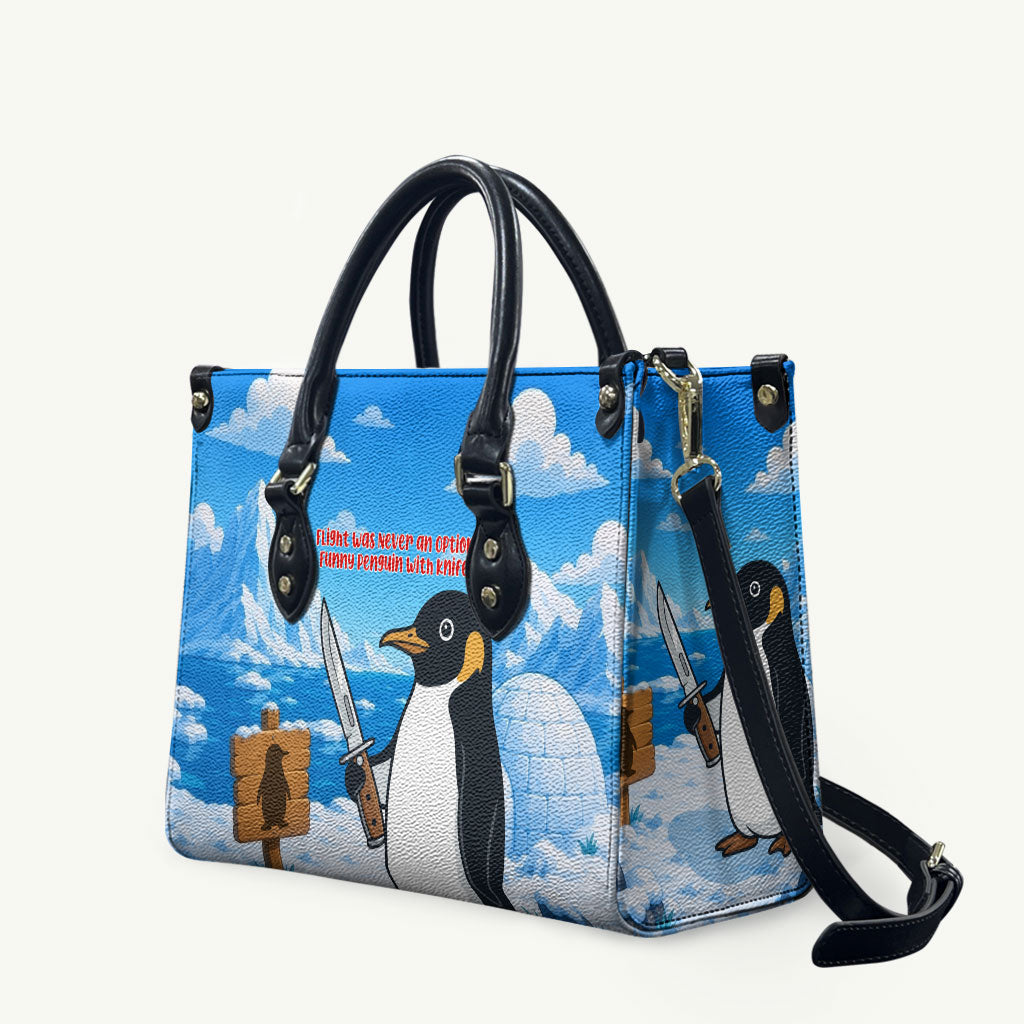 Flight Was Never An Option Funny Penguin With Knife Leather Bag Animal Meme Humor Comic Graphic
