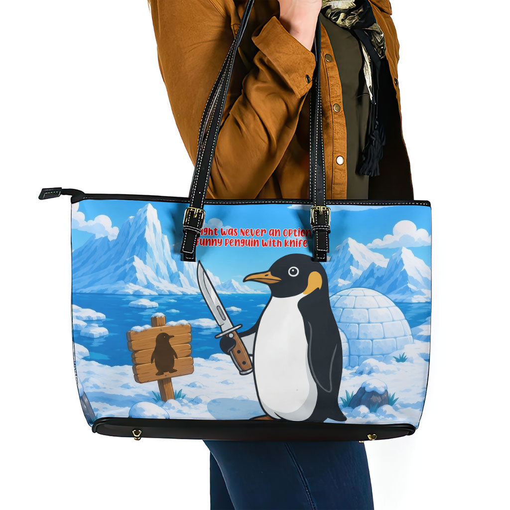 Flight Was Never An Option Funny Penguin With Knife Leather Tote Bag Animal Meme Humor Comic Graphic