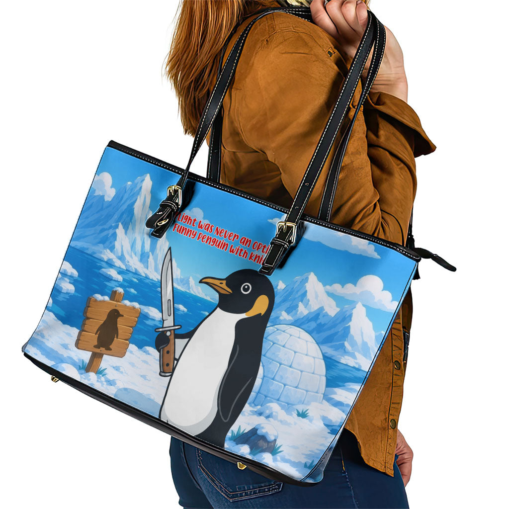 Flight Was Never An Option Funny Penguin With Knife Leather Tote Bag Animal Meme Humor Comic Graphic