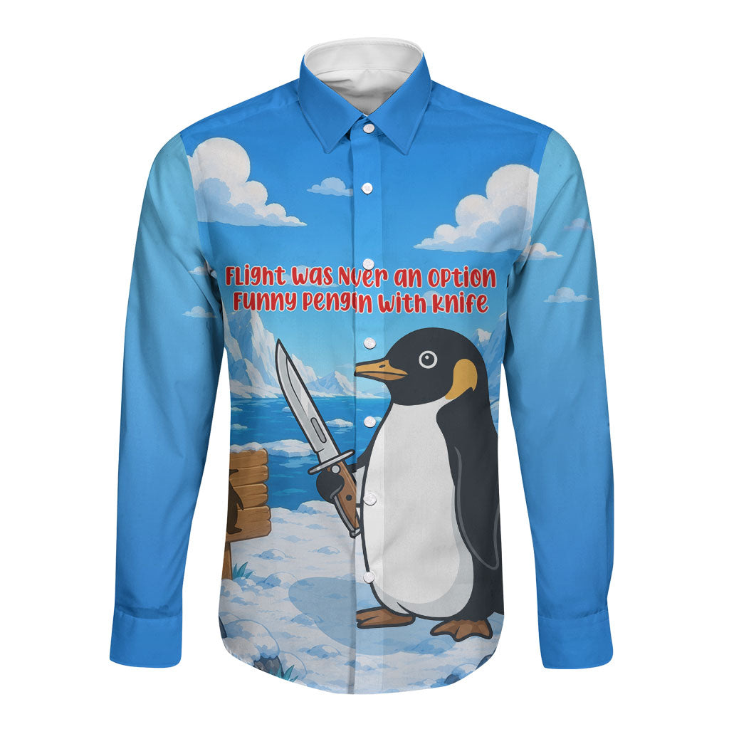 Flight Was Never An Option Funny Penguin With Knife Long Sleeve Button Shirt Animal Meme Humor Comic Graphic