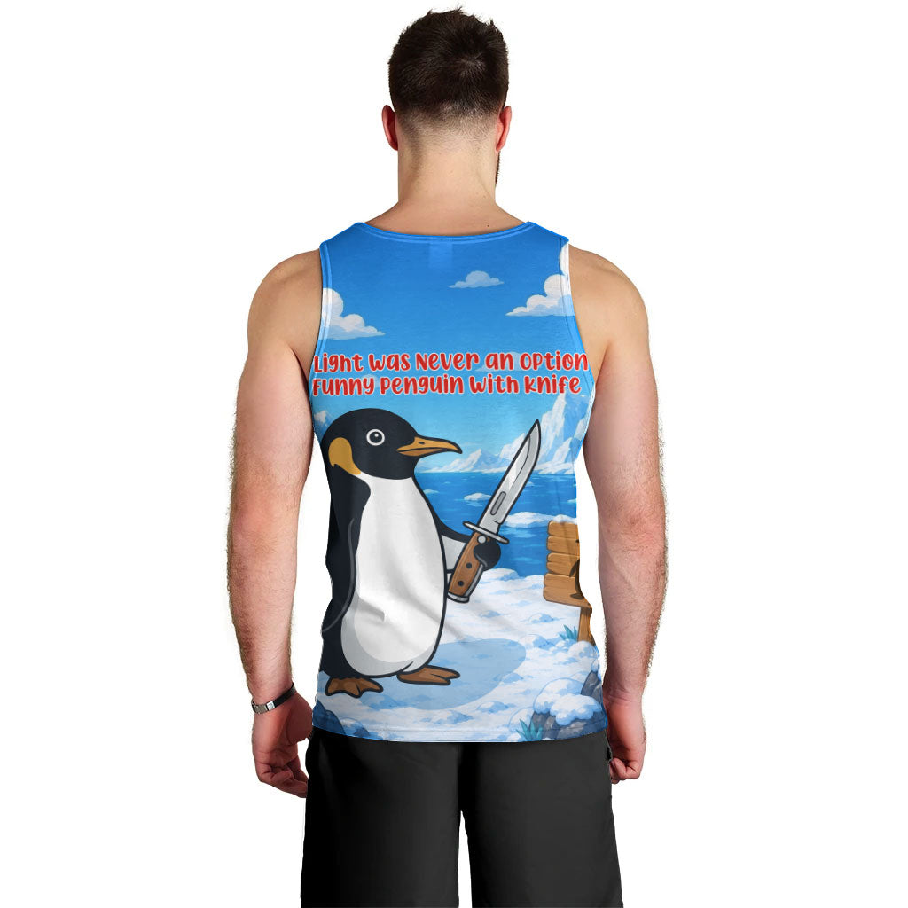 Flight Was Never An Option Funny Penguin With Knife Men Tank Top Animal Meme Humor Comic Graphic