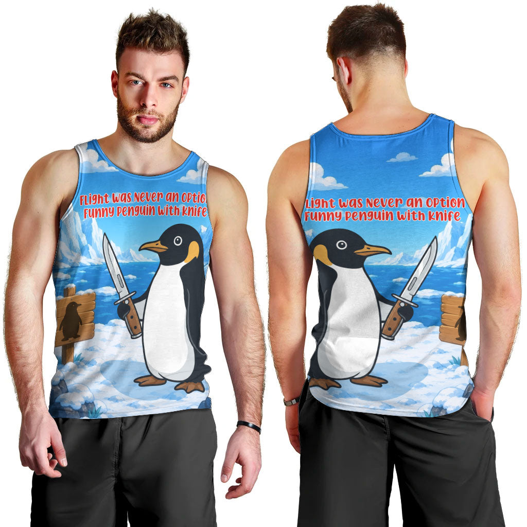 Flight Was Never An Option Funny Penguin With Knife Men Tank Top Animal Meme Humor Comic Graphic