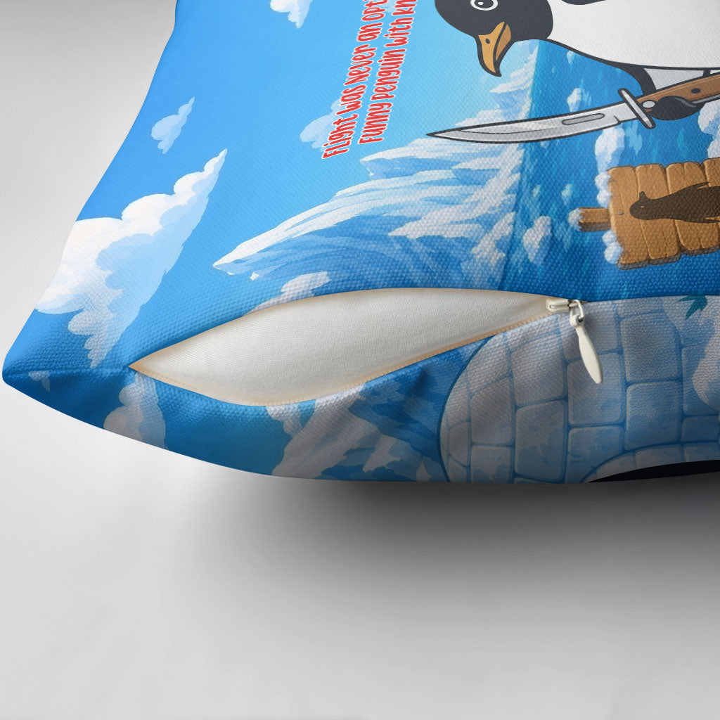 Flight Was Never An Option Funny Penguin With Knife Pillow Cover Animal Meme Humor Comic Graphic