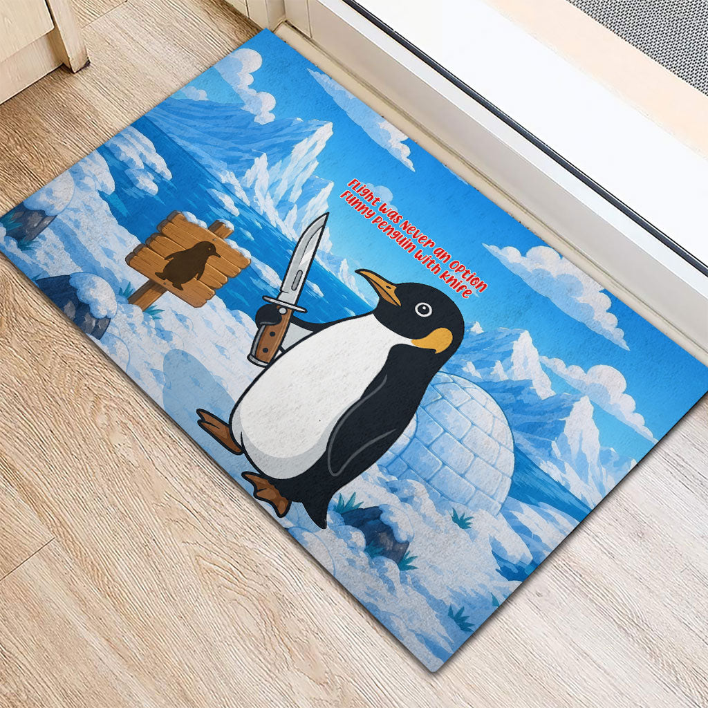Flight Was Never An Option Funny Penguin With Knife Rubber Doormat Animal Meme Humor Comic Graphic