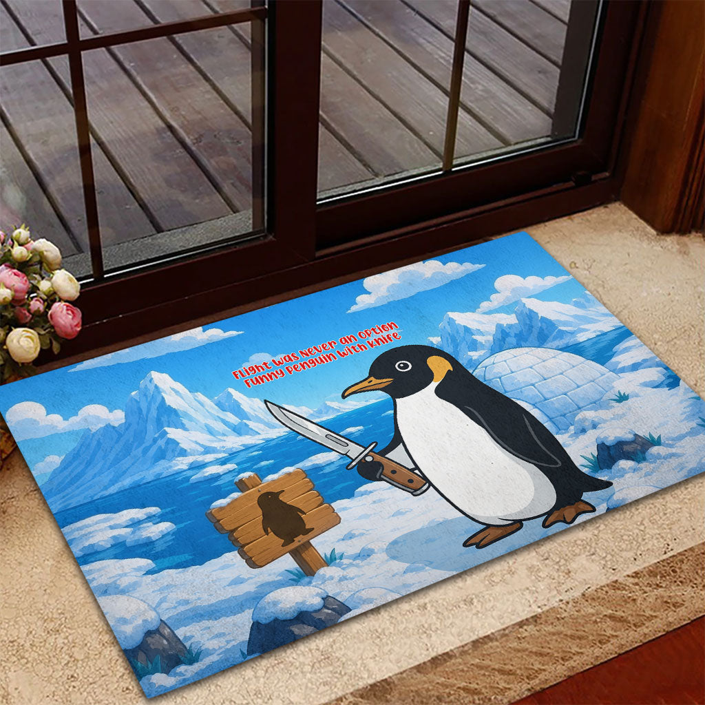 Flight Was Never An Option Funny Penguin With Knife Rubber Doormat Animal Meme Humor Comic Graphic