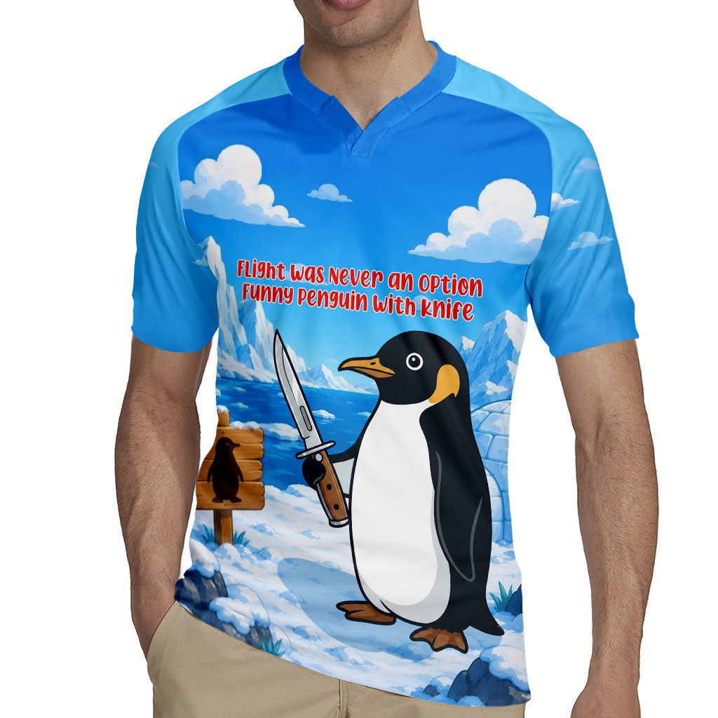 Flight Was Never An Option Funny Penguin With Knife Rugby Jersey Animal Meme Humor Comic Graphic