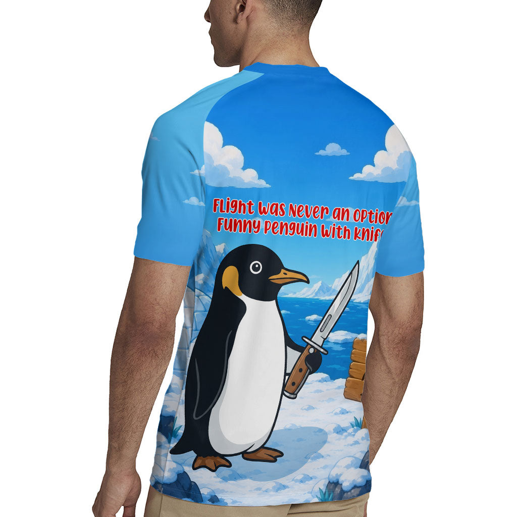 Flight Was Never An Option Funny Penguin With Knife Rugby Jersey Animal Meme Humor Comic Graphic