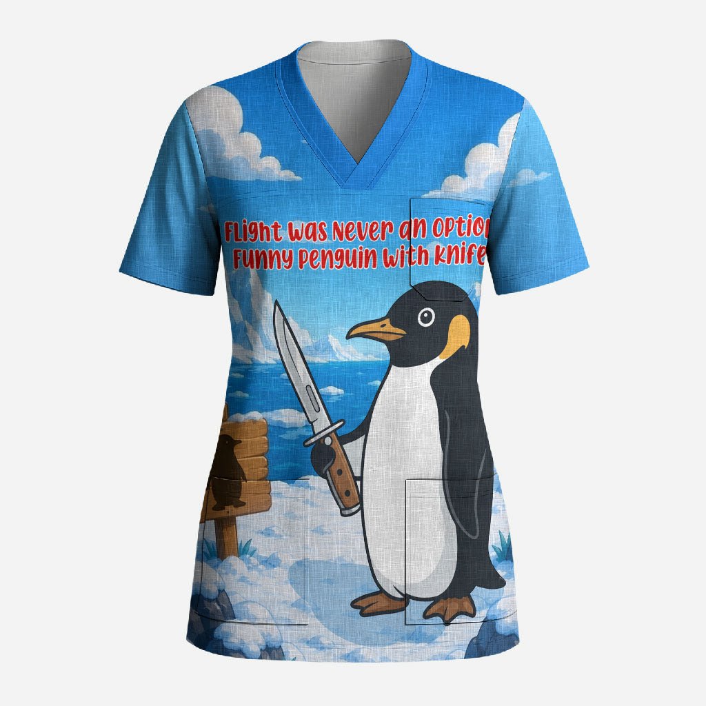 Flight Was Never An Option Funny Penguin With Knife Scrub Top Animal Meme Humor Comic Graphic