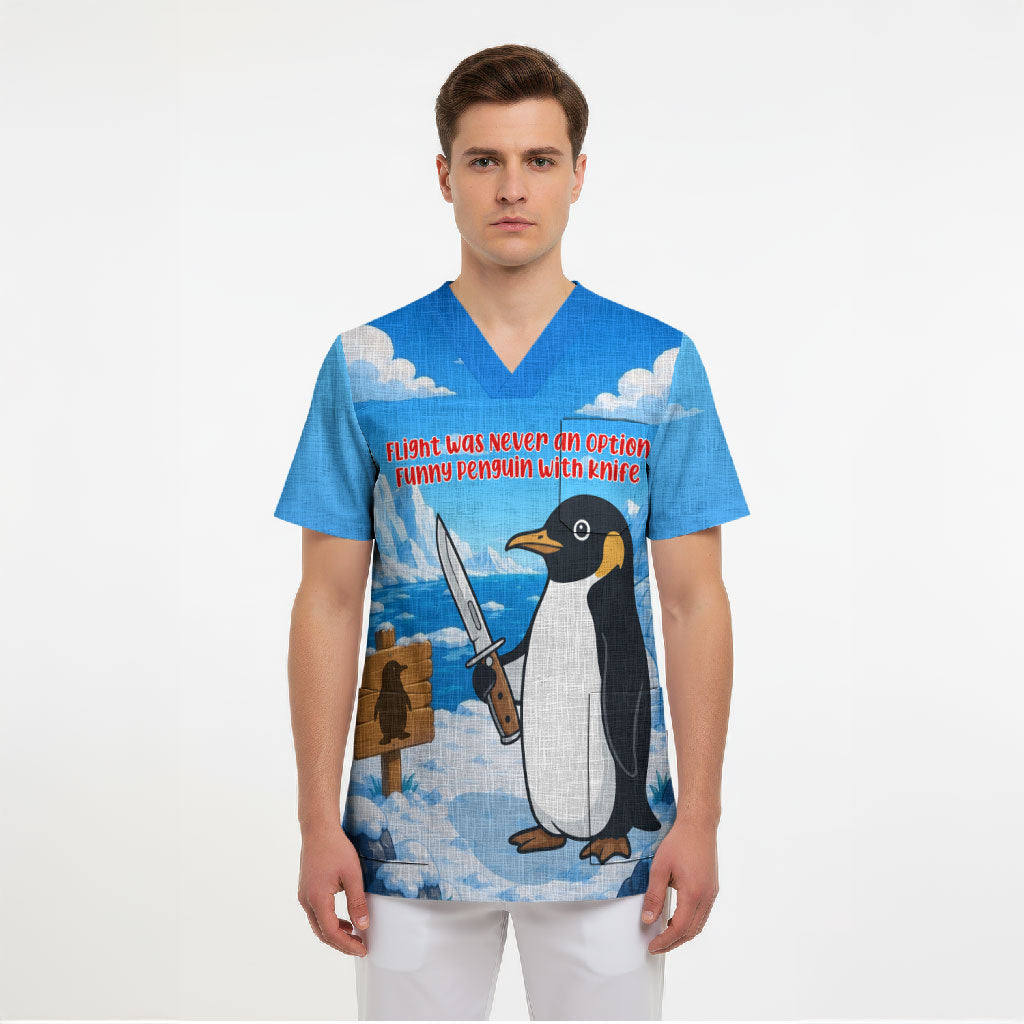 Flight Was Never An Option Funny Penguin With Knife Scrub Top Animal Meme Humor Comic Graphic