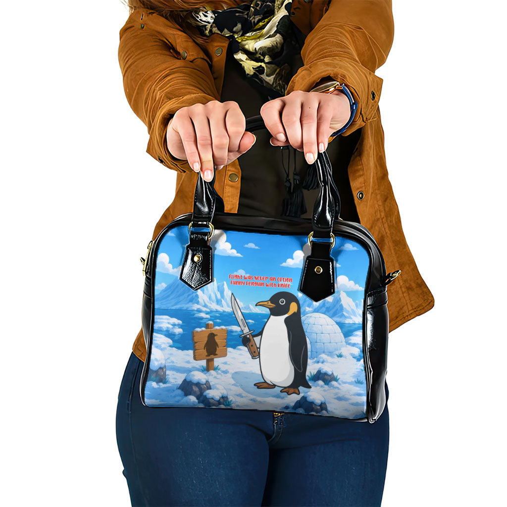 Flight Was Never An Option Funny Penguin With Knife Shoulder Handbag Animal Meme Humor Comic Graphic