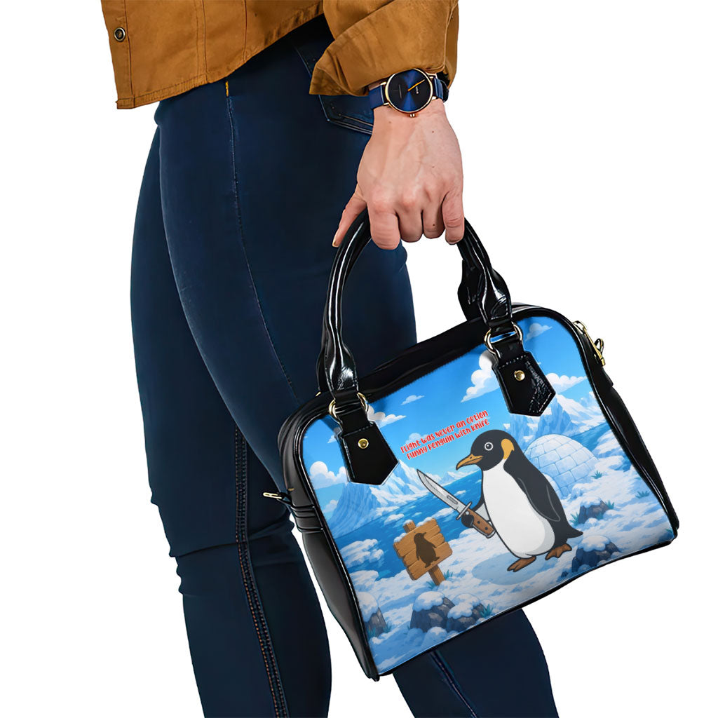 Flight Was Never An Option Funny Penguin With Knife Shoulder Handbag Animal Meme Humor Comic Graphic