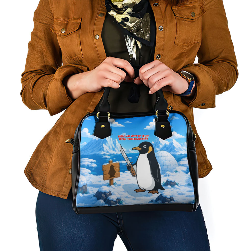 Flight Was Never An Option Funny Penguin With Knife Shoulder Handbag Animal Meme Humor Comic Graphic